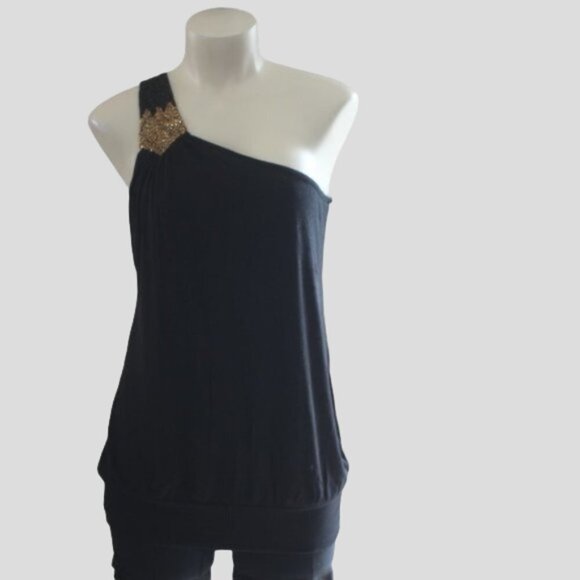 Forever XXI One Shoulder Black Beaded Tank Top - Picture 1 of 12